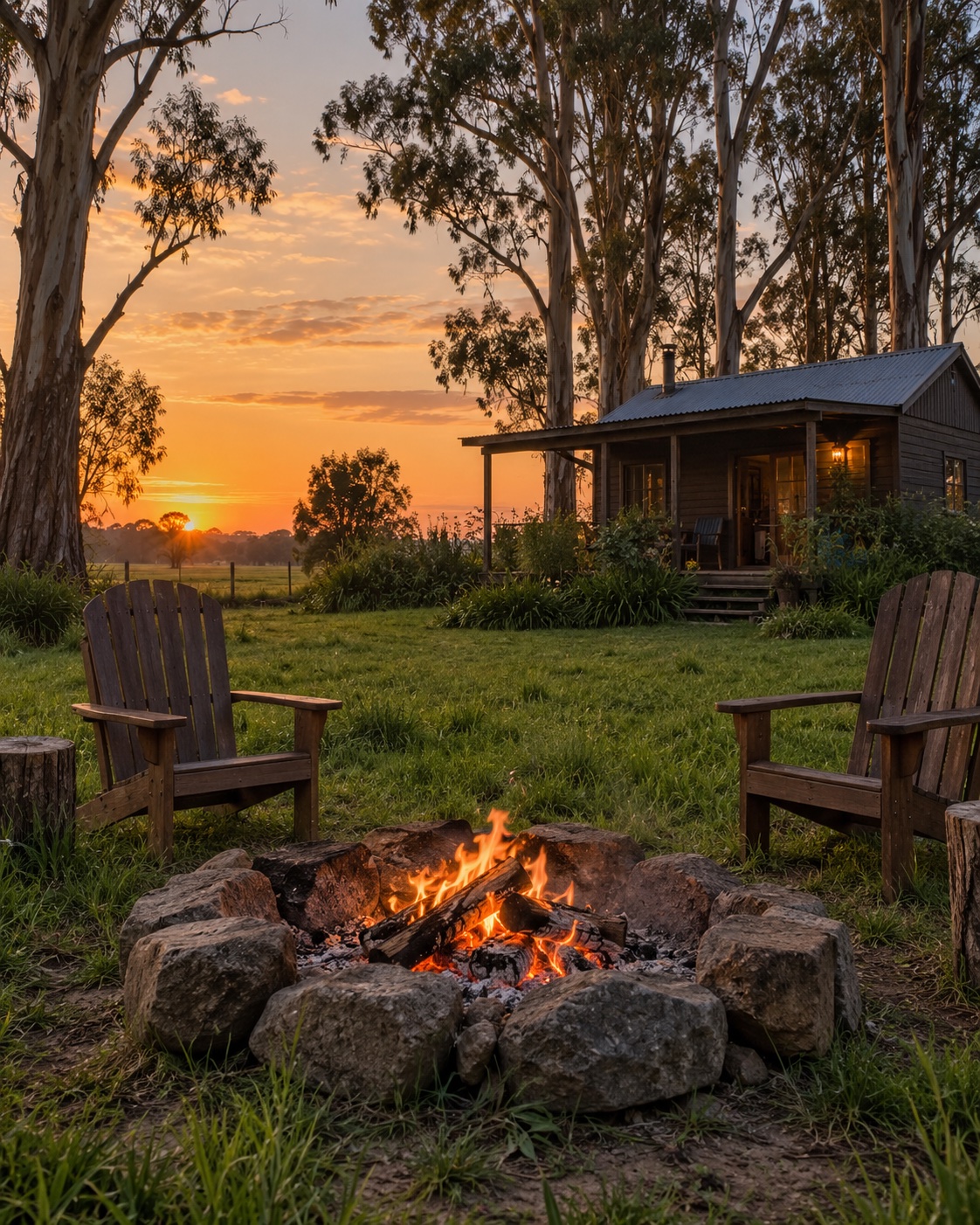 Una chacra amplia con pasto alto y un fogón de piedra al atardecer en un barrio de campo, con una casa chica de madera al fondo y árboles altos